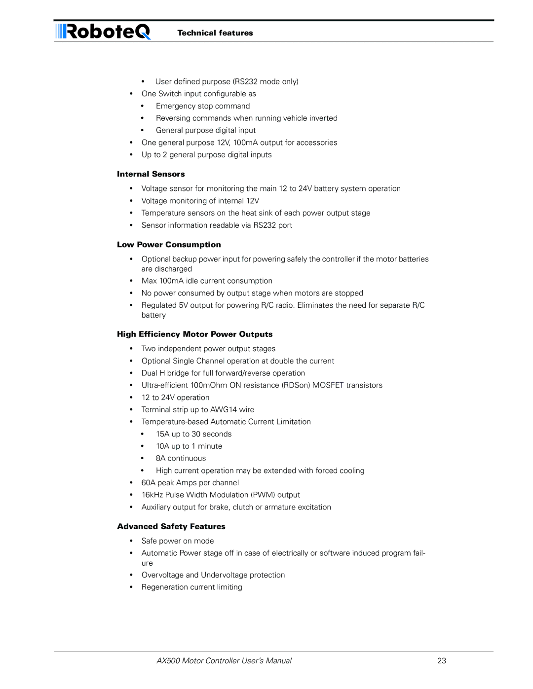 RoboteQ AX500 manual Technical features, Internal Sensors, Low Power Consumption, High Efficiency Motor Power Outputs 
