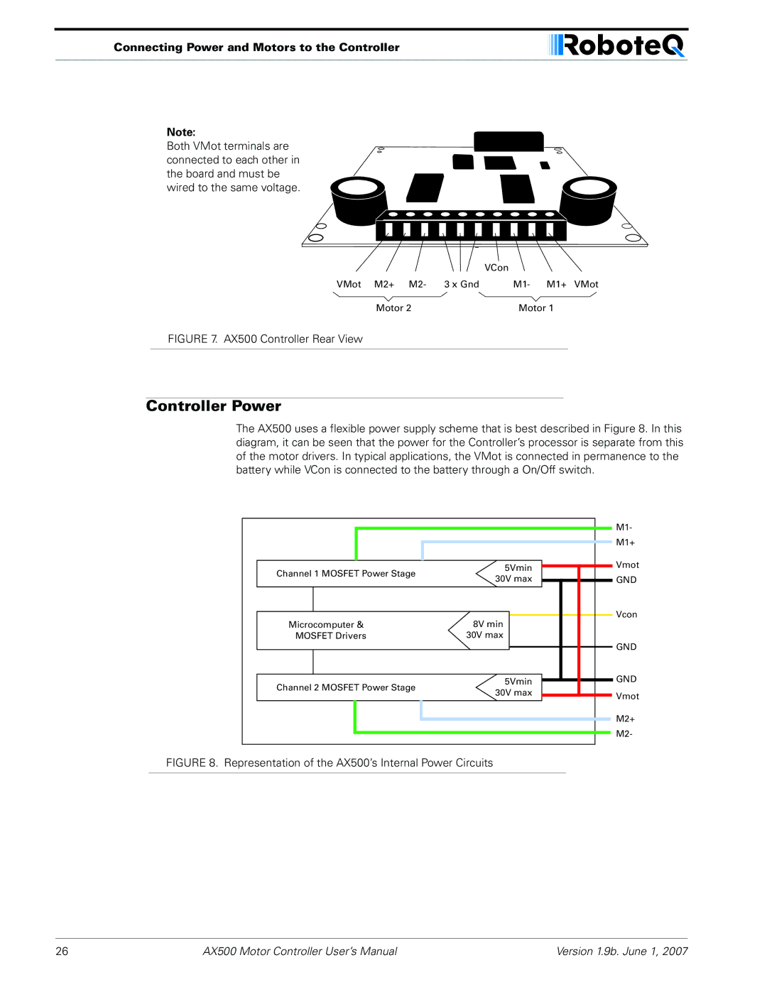 RoboteQ AX500 manual Controller Power, Connecting Power and Motors to the Controller 