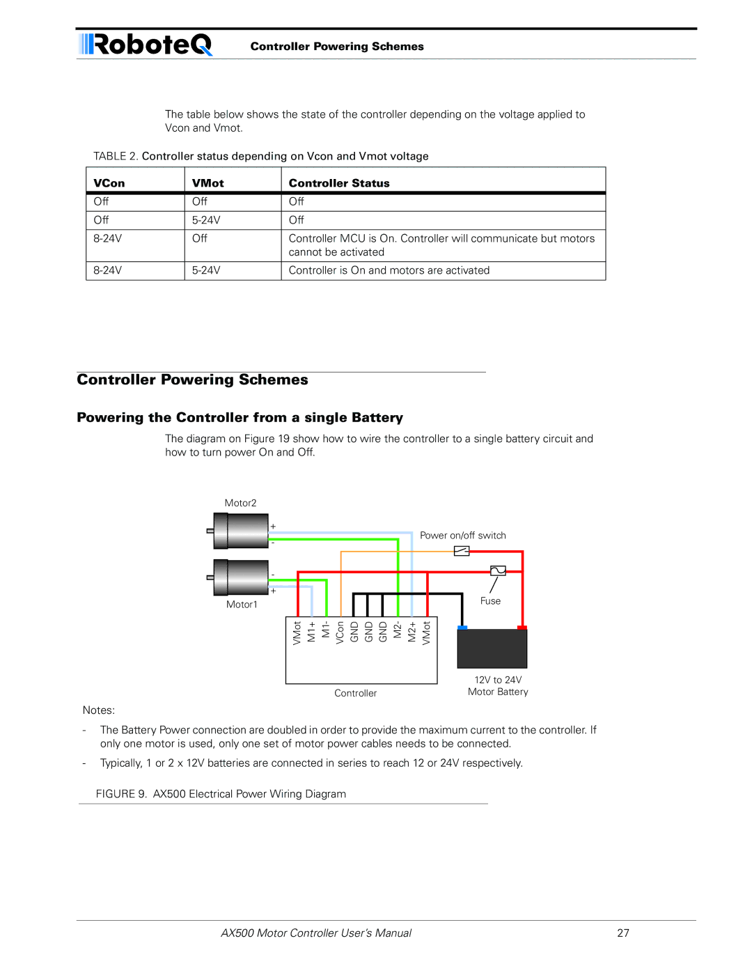 RoboteQ AX500 Controller Powering Schemes, Powering the Controller from a single Battery, VCon VMot Controller Status 