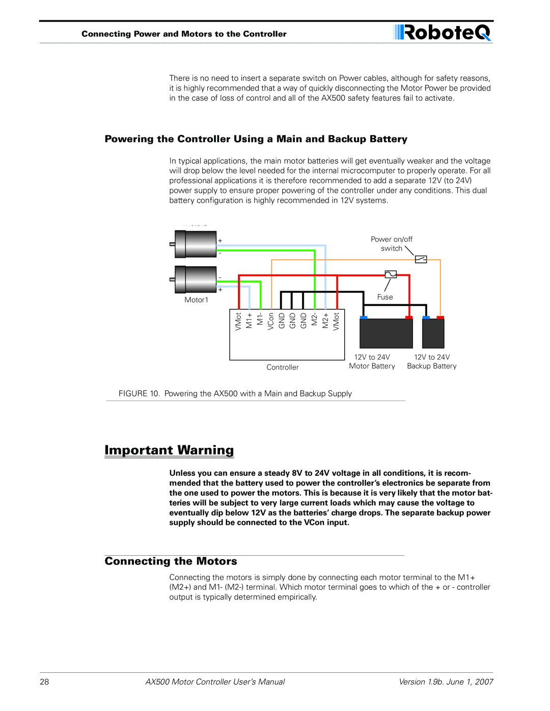 RoboteQ AX500 manual Connecting the Motors, Powering the Controller Using a Main and Backup Battery 