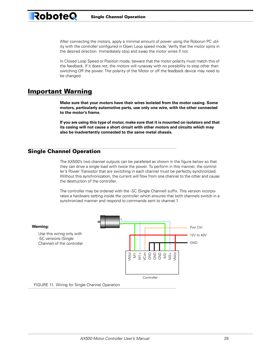 RoboteQ AX500 manual Single Channel Operation 