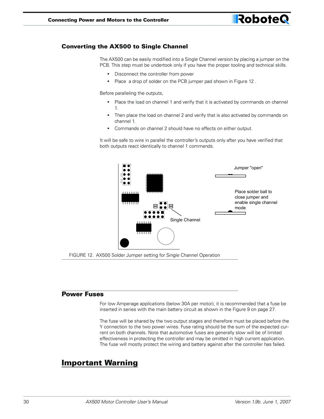 RoboteQ manual Power Fuses, Converting the AX500 to Single Channel 