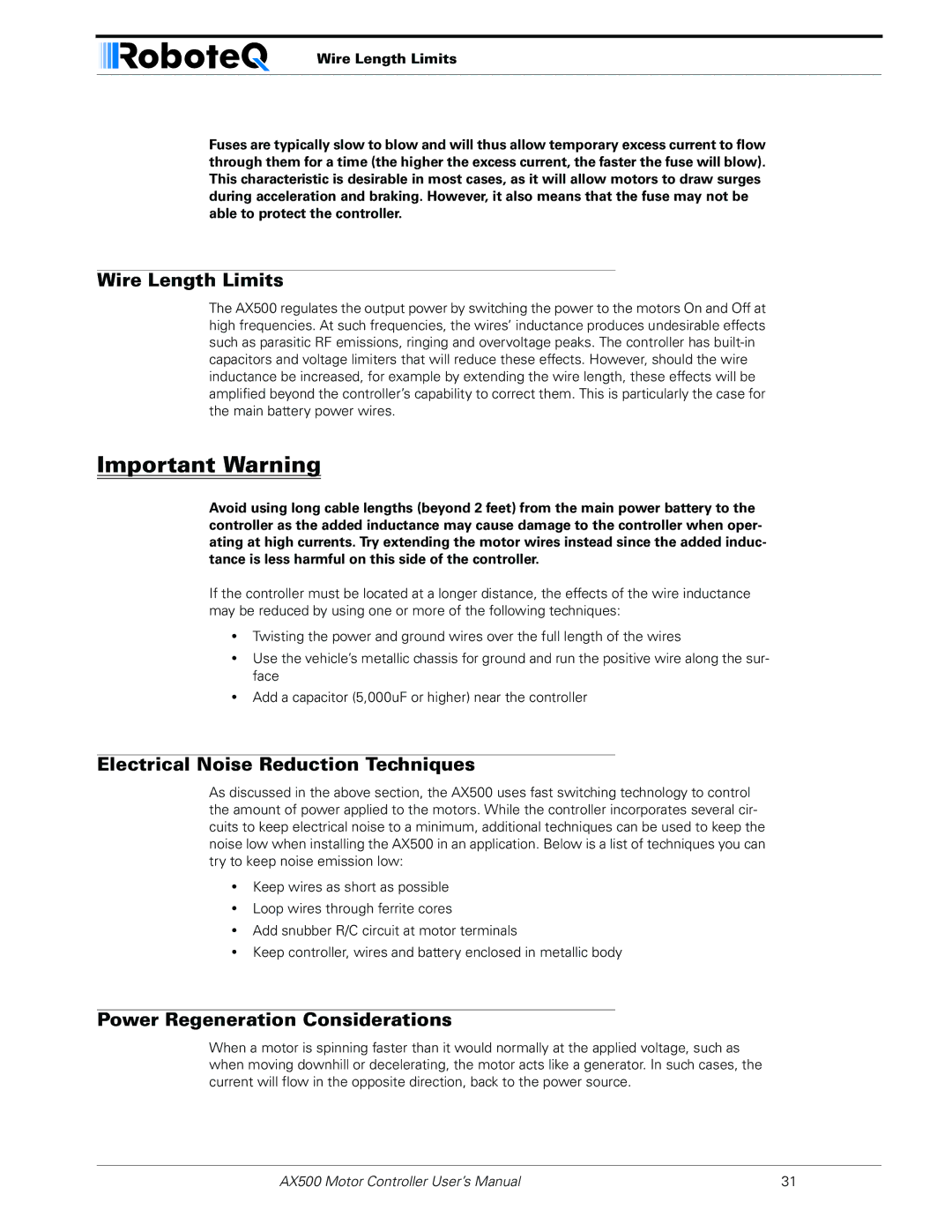 RoboteQ AX500 manual Wire Length Limits, Electrical Noise Reduction Techniques, Power Regeneration Considerations 