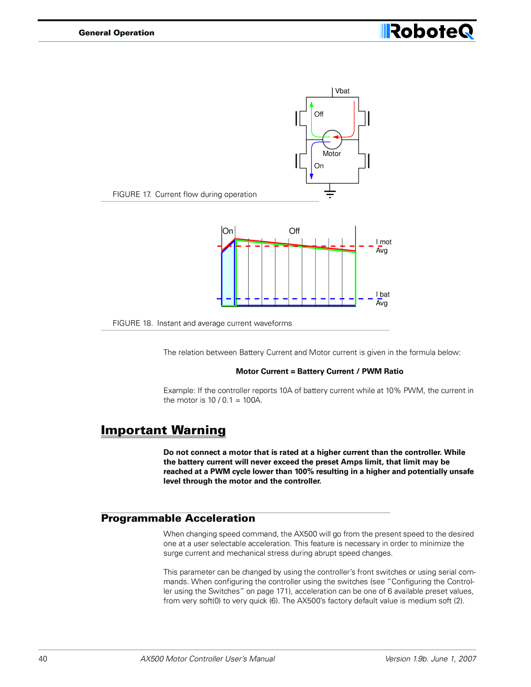 RoboteQ AX500 manual Programmable Acceleration, Off 