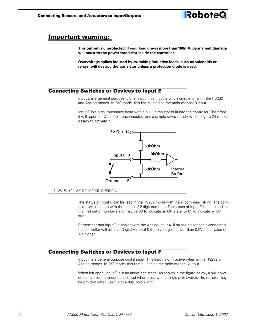 RoboteQ AX500 manual Connecting Switches or Devices to Input E, Connecting Switches or Devices to Input F 