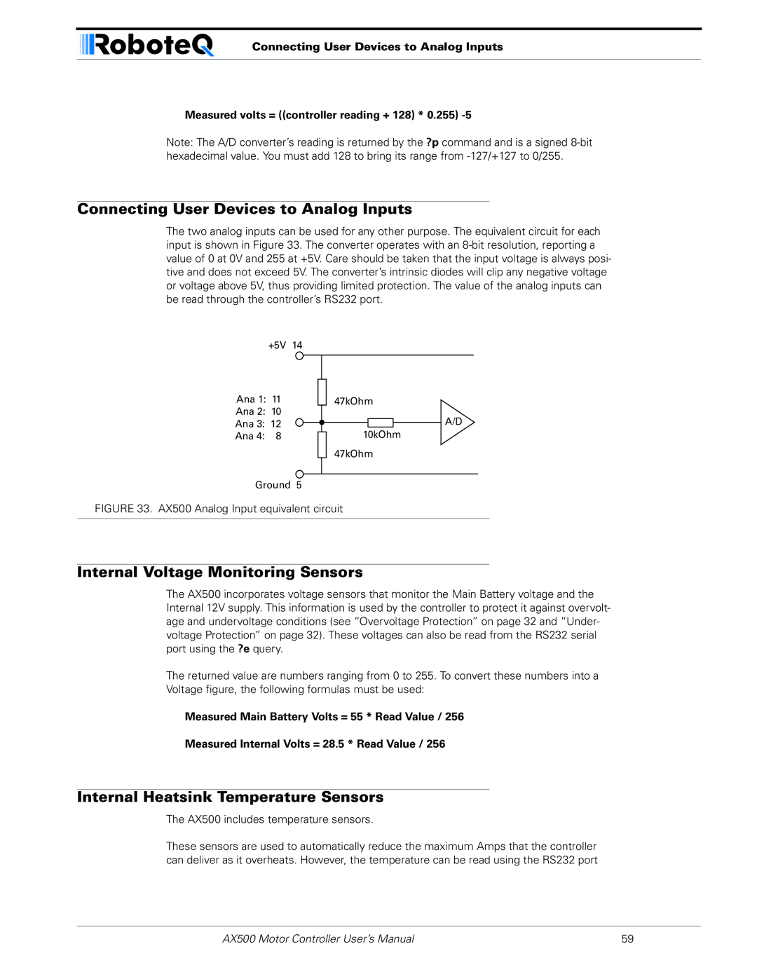 RoboteQ AX500 manual Connecting User Devices to Analog Inputs, Internal Voltage Monitoring Sensors 