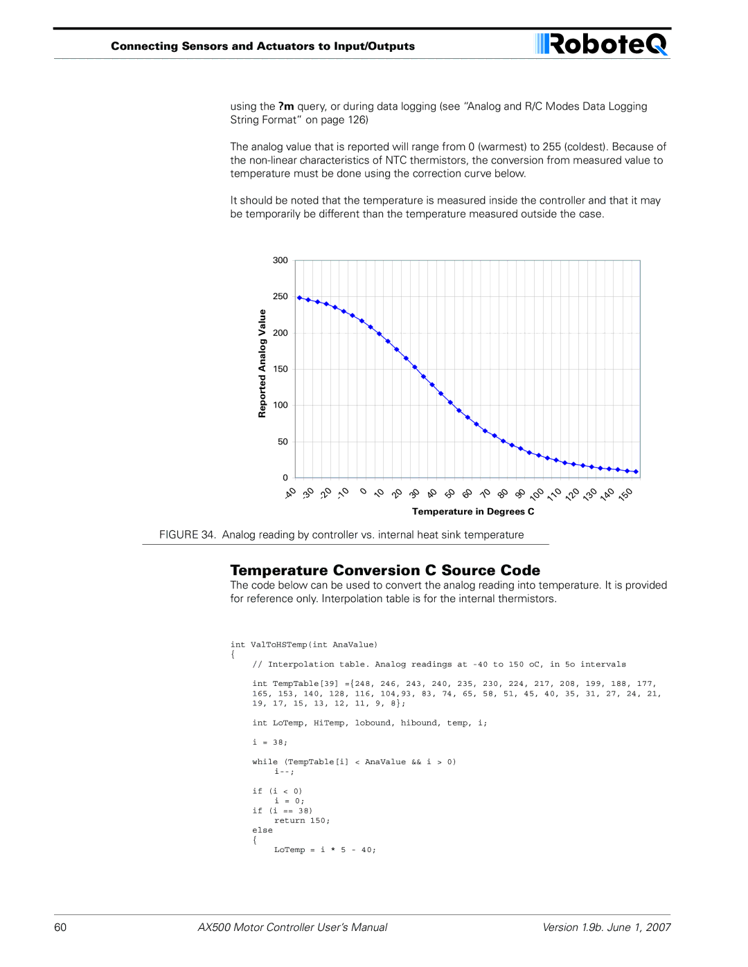 RoboteQ AX500 manual Temperature Conversion C Source Code 