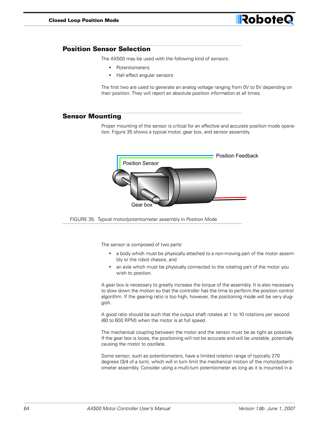 RoboteQ AX500 manual Position Sensor Selection, Sensor Mounting, Closed Loop Position Mode 