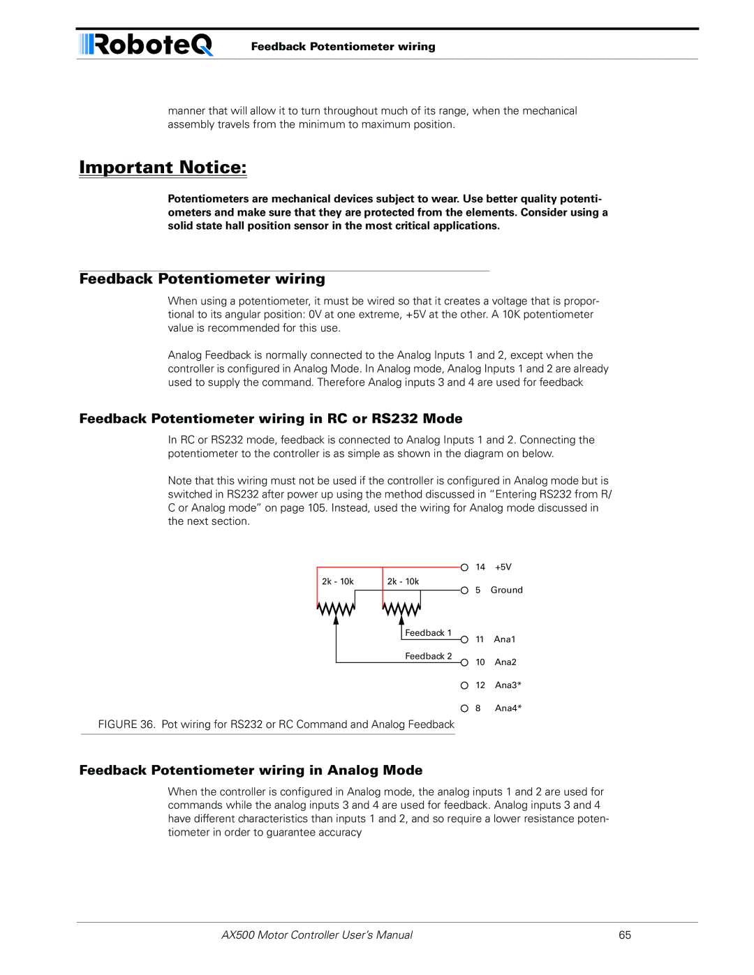 RoboteQ AX500 manual Feedback Potentiometer wiring in RC or RS232 Mode, Feedback Potentiometer wiring in Analog Mode 