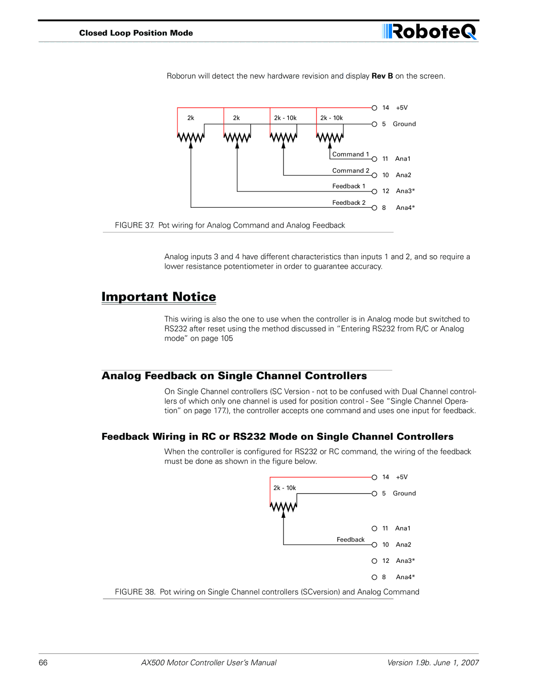 RoboteQ AX500 manual Analog Feedback on Single Channel Controllers 