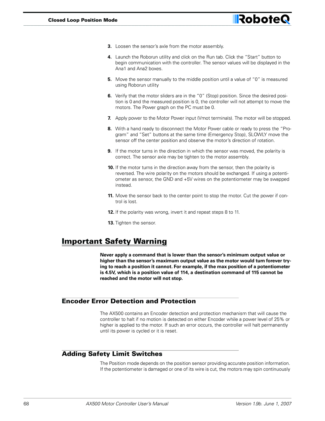 RoboteQ AX500 manual Encoder Error Detection and Protection, Adding Safety Limit Switches 