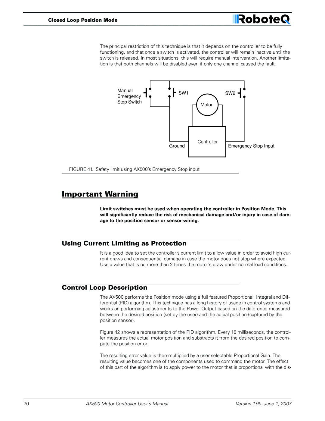 RoboteQ AX500 manual Using Current Limiting as Protection, Control Loop Description 