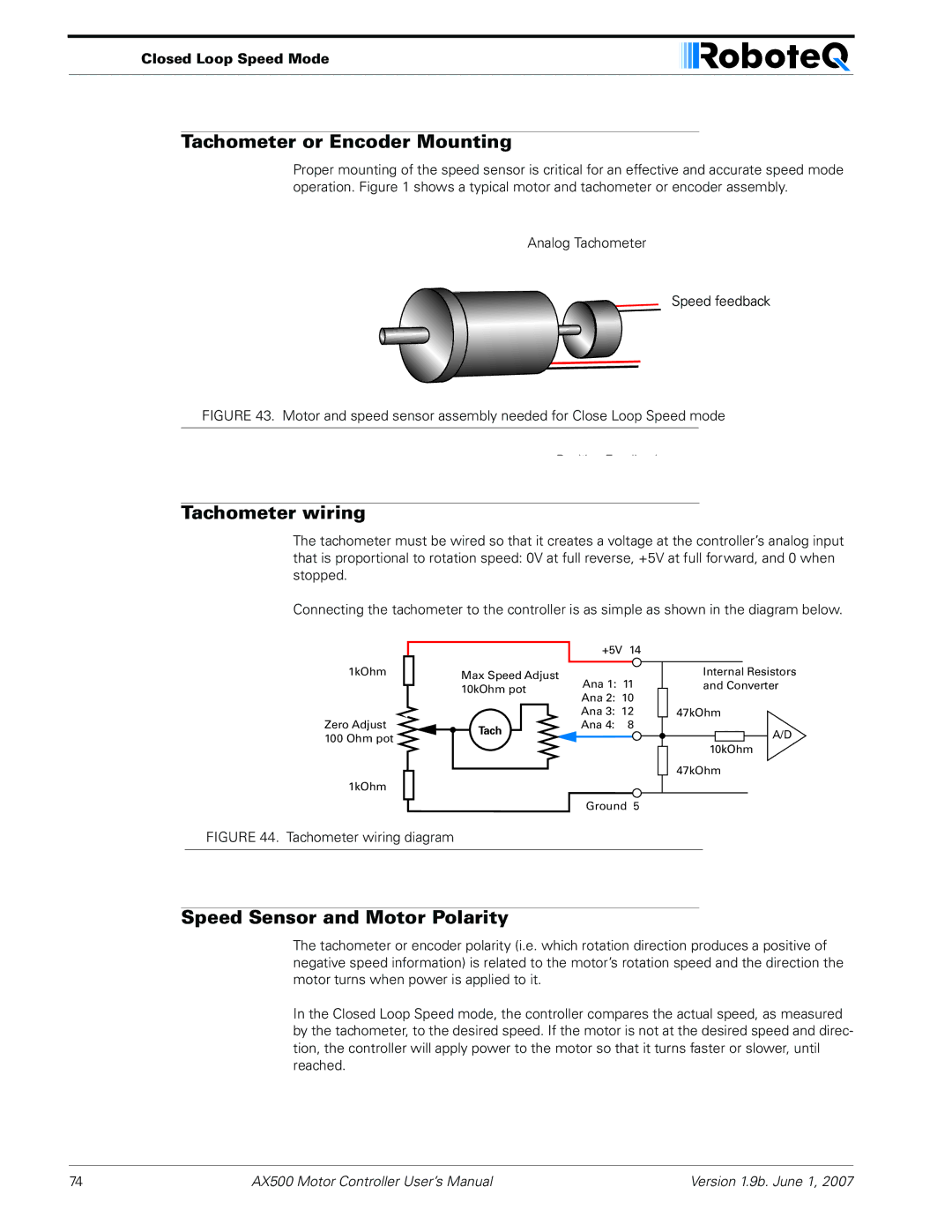 RoboteQ AX500 Tachometer or Encoder Mounting, Tachometer wiring, Speed Sensor and Motor Polarity, Closed Loop Speed Mode 