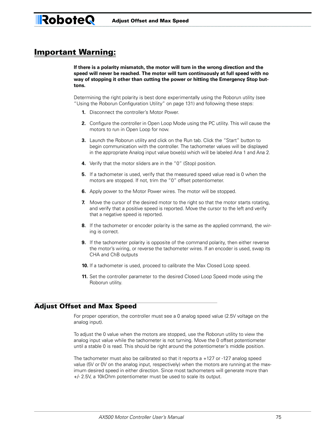 RoboteQ AX500 manual Adjust Offset and Max Speed 