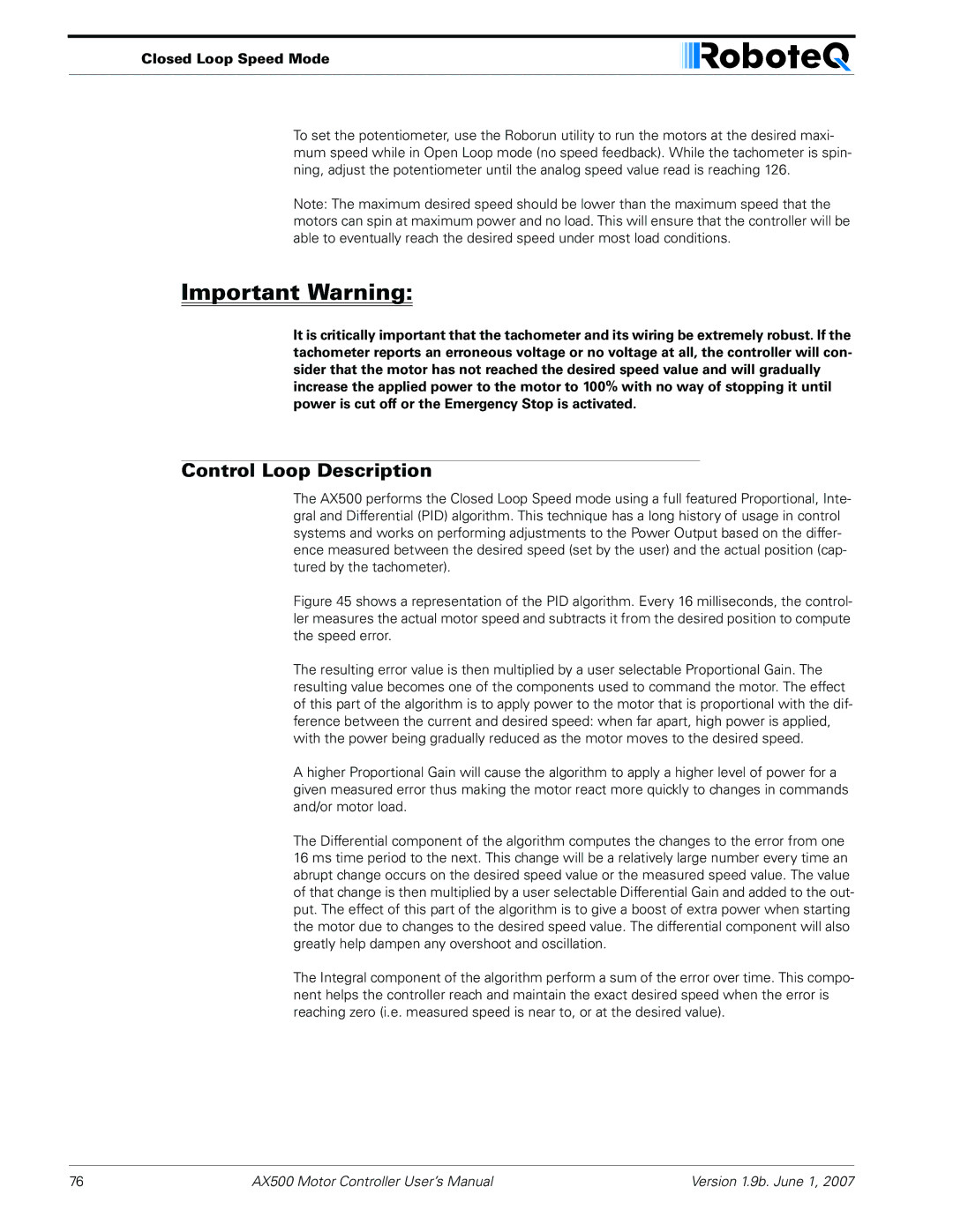 RoboteQ AX500 manual Control Loop Description 