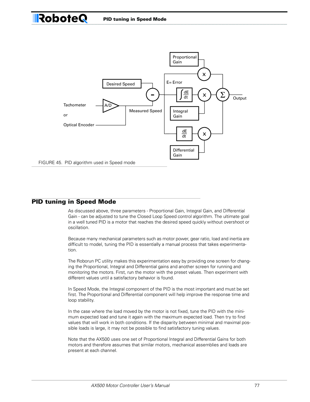 RoboteQ AX500 manual PID tuning in Speed Mode 