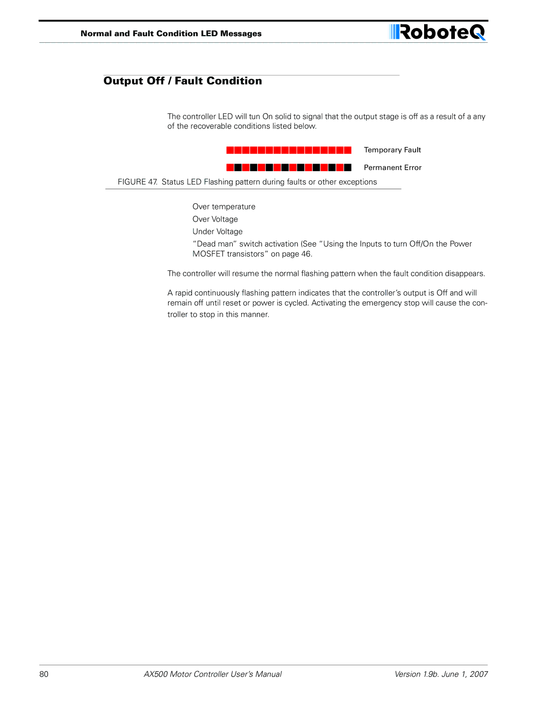 RoboteQ AX500 manual Output Off / Fault Condition, Normal and Fault Condition LED Messages 