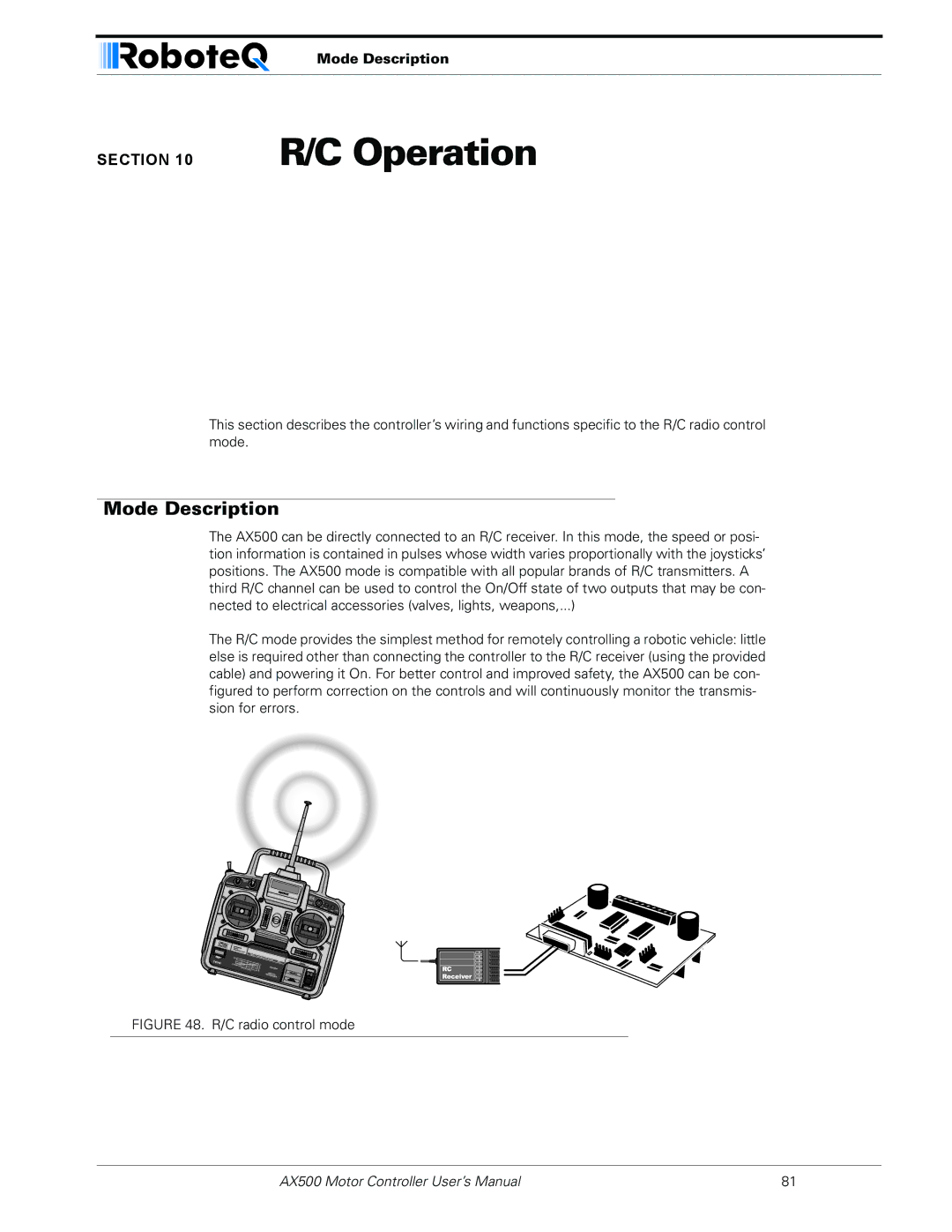 RoboteQ AX500 manual C Operation, C radio control mode 