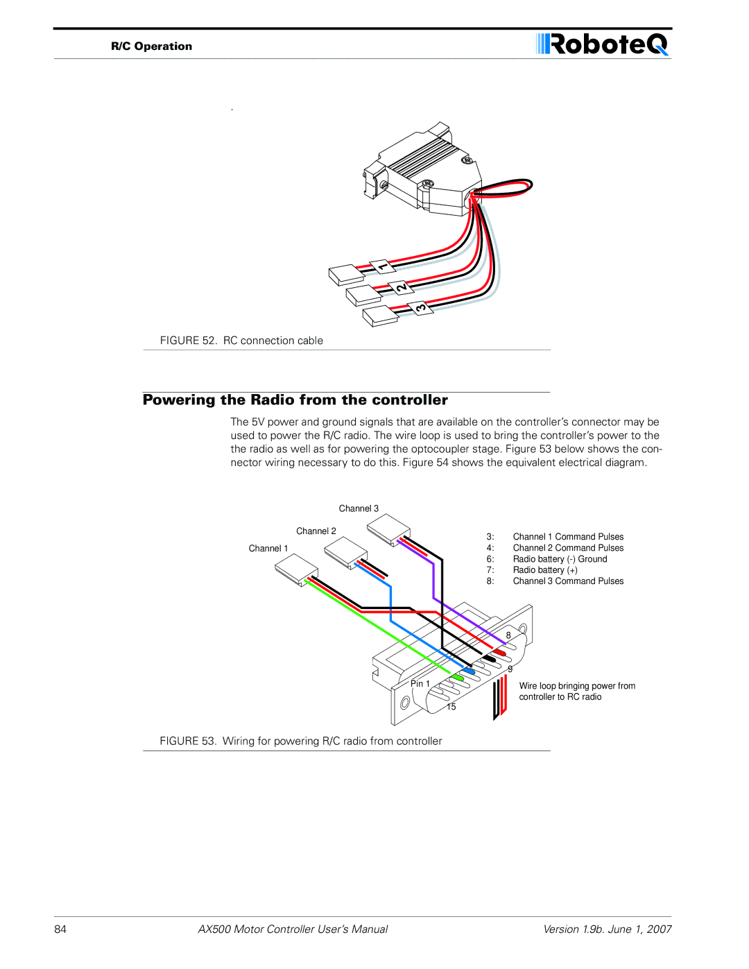 RoboteQ AX500 manual Powering the Radio from the controller, RC connection cable 