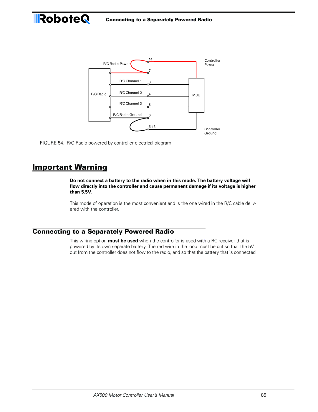 RoboteQ AX500 manual Connecting to a Separately Powered Radio 