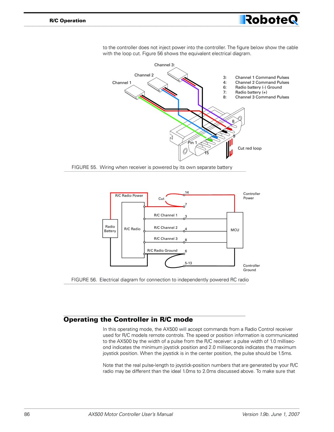 RoboteQ AX500 manual Operating the Controller in R/C mode, Wiring when receiver is powered by its own separate battery 