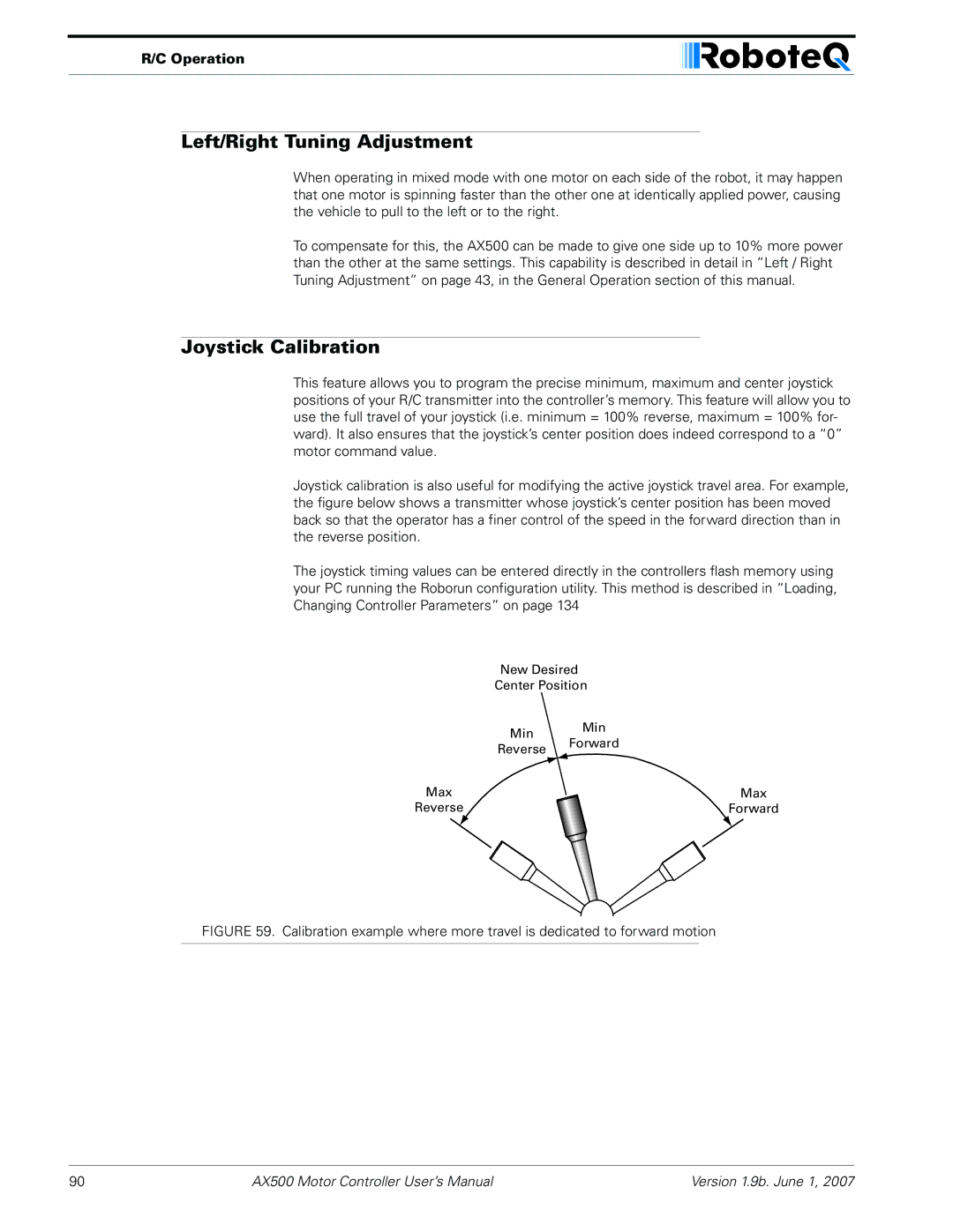 RoboteQ AX500 manual Left/Right Tuning Adjustment, Joystick Calibration 