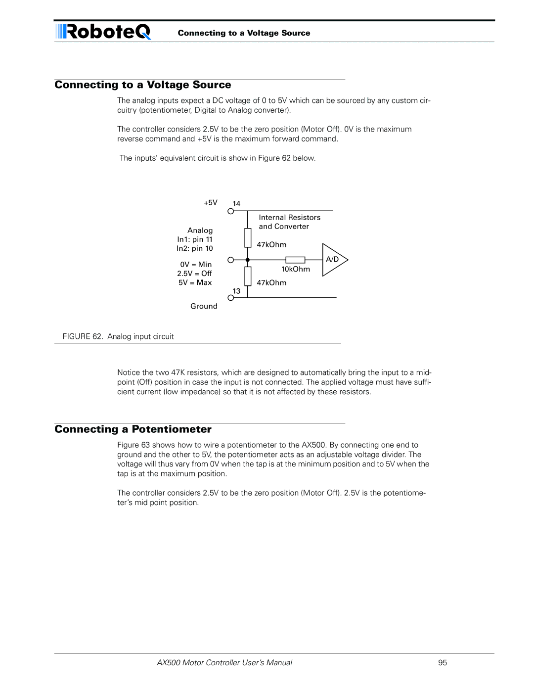 RoboteQ AX500 manual Connecting to a Voltage Source, Connecting a Potentiometer 