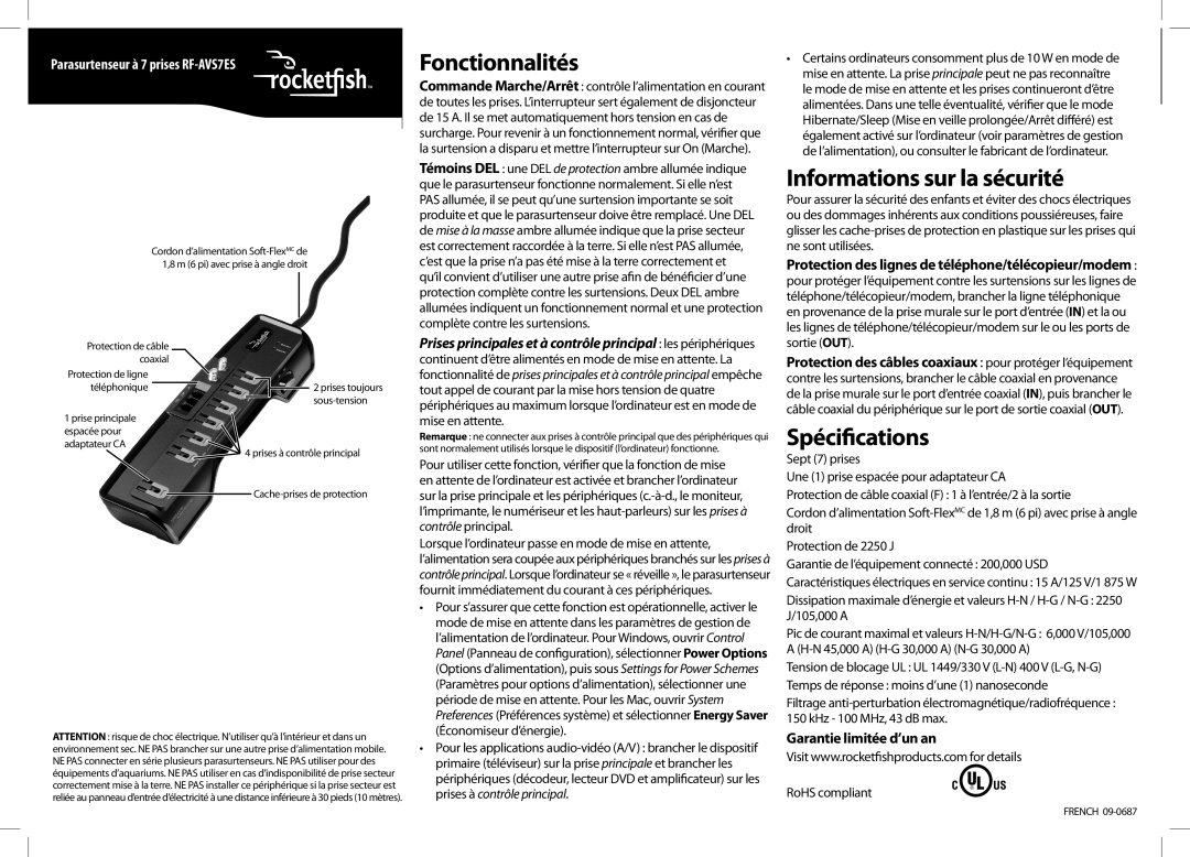 RocketFish RF-AVS7ES warranty Fonctionnalités, Informations sur la sécurité, Spécifications, Garantie limitée d’un an 