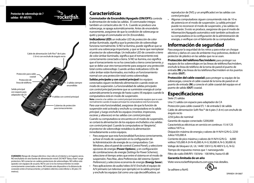 RocketFish RF-AVS7ES warranty Características, Información de seguridad, Especificaciones, Garantía limitada de un año 