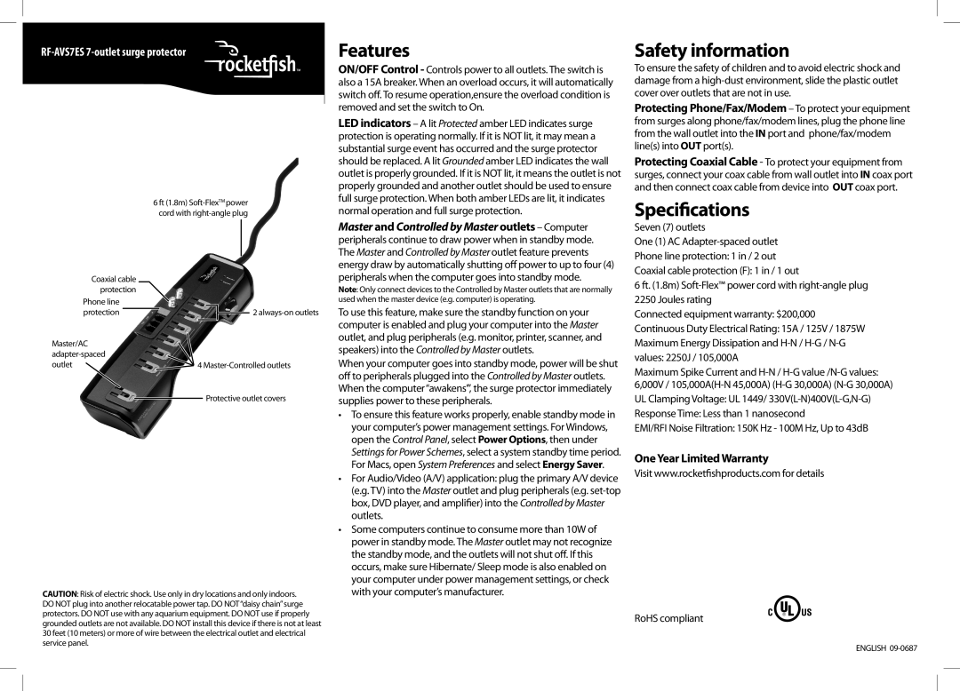 RocketFish warranty Features, Safety information, Specifications, RF-AVS7ES 7-outlet surge protector 