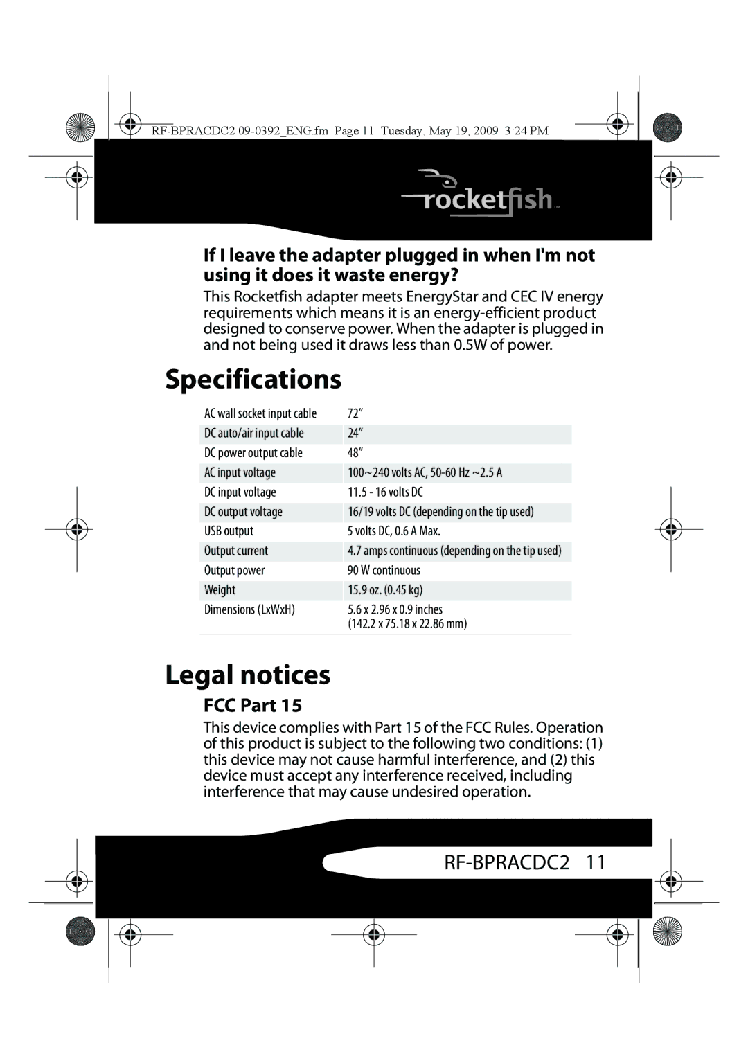 RocketFish RF-BPRACDC2 manual Specifications, Legal notices, FCC Part 