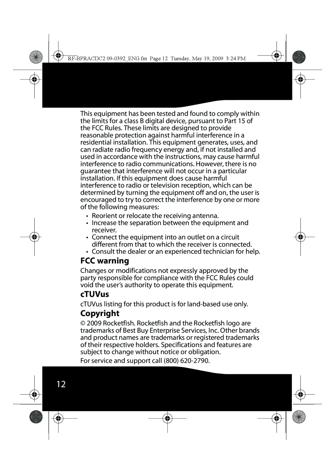 RocketFish RF-BPRACDC2 manual FCC warning, CTUVus, Copyright 