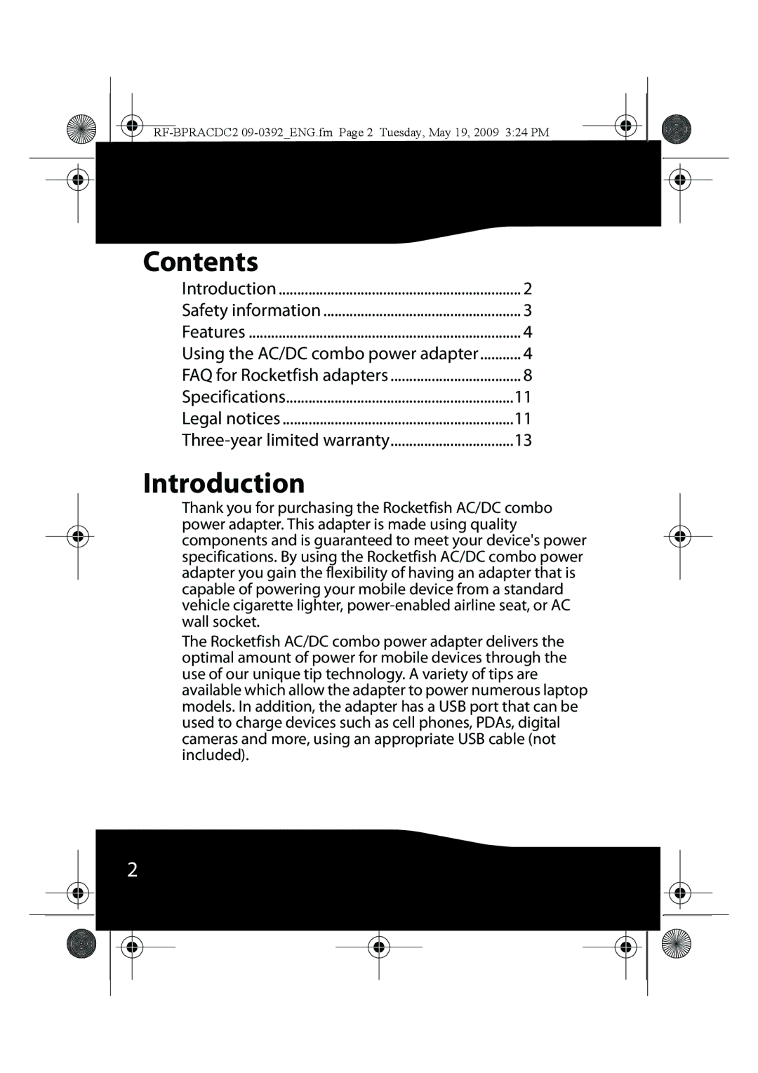 RocketFish RF-BPRACDC2 manual Contents, Introduction 