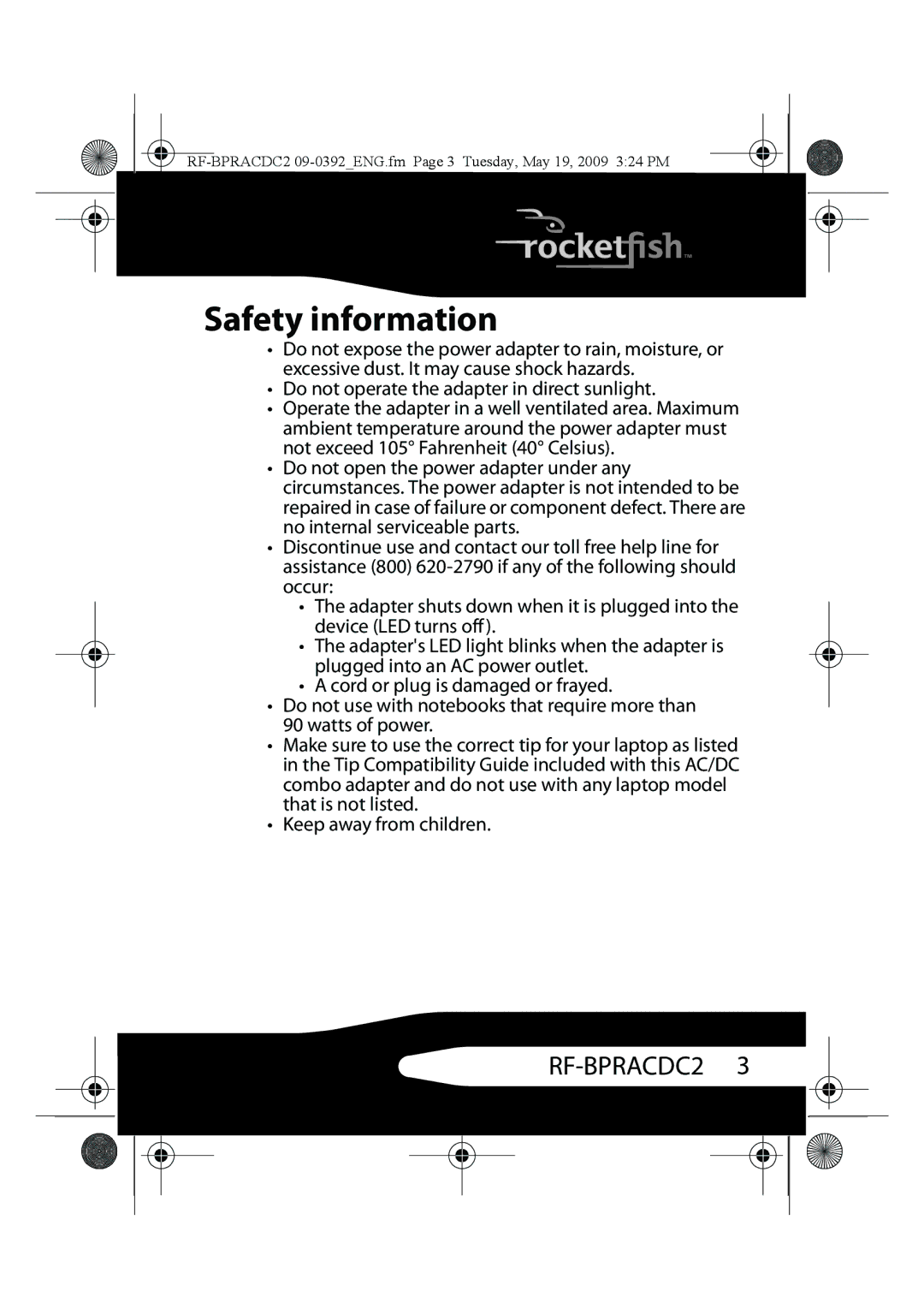 RocketFish RF-BPRACDC2 manual Safety information, Do not operate the adapter in direct sunlight 