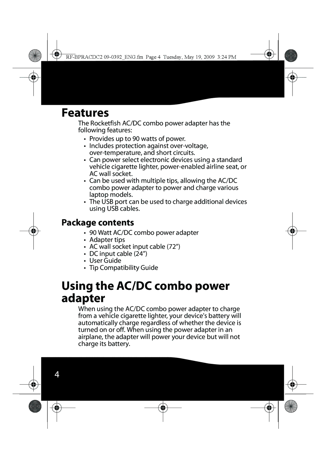 RocketFish RF-BPRACDC2 manual Features, Using the AC/DC combo power adapter 