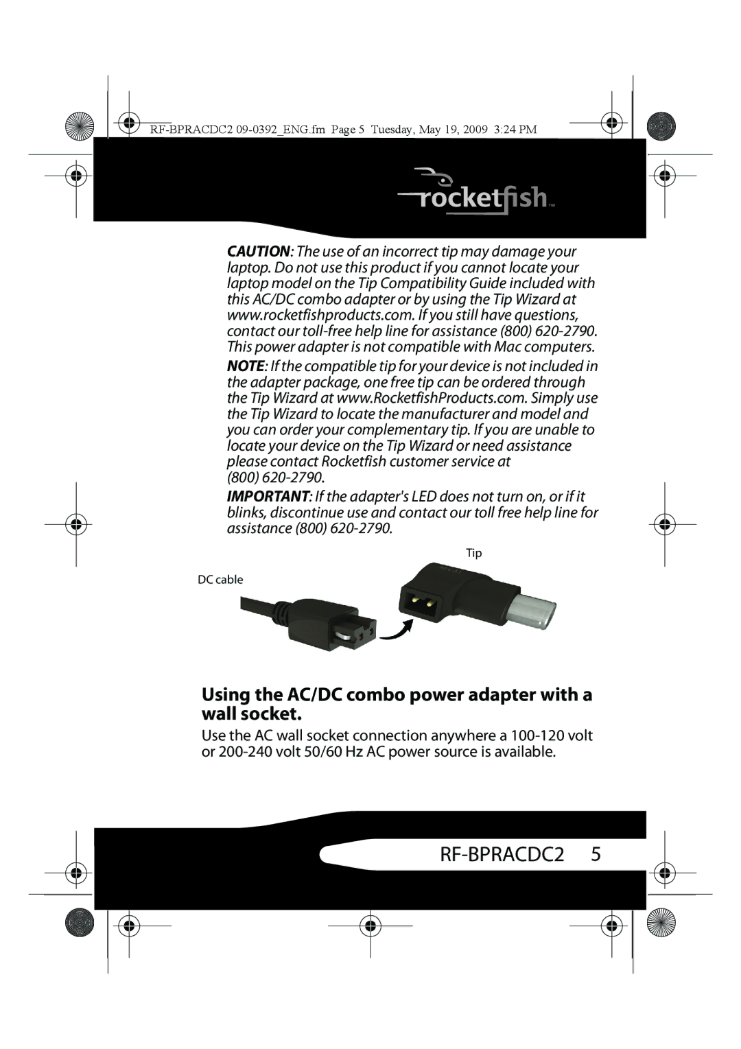 RocketFish RF-BPRACDC2 manual Using the AC/DC combo power adapter with a wall socket 