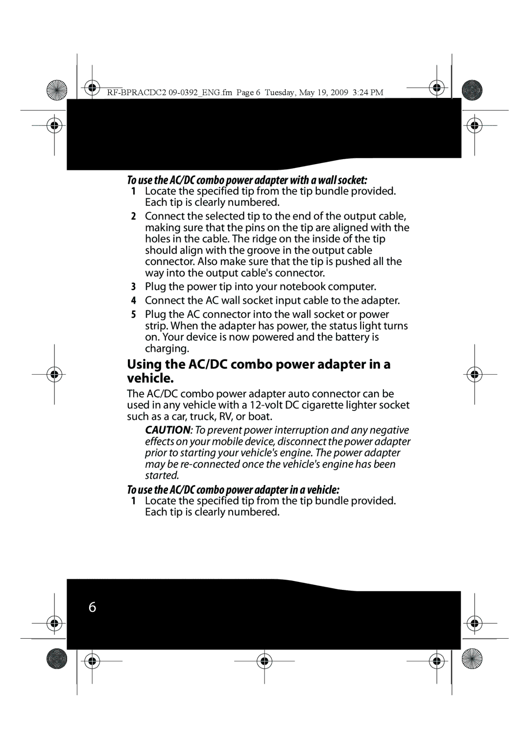 RocketFish RF-BPRACDC2 manual Using the AC/DC combo power adapter in a vehicle 