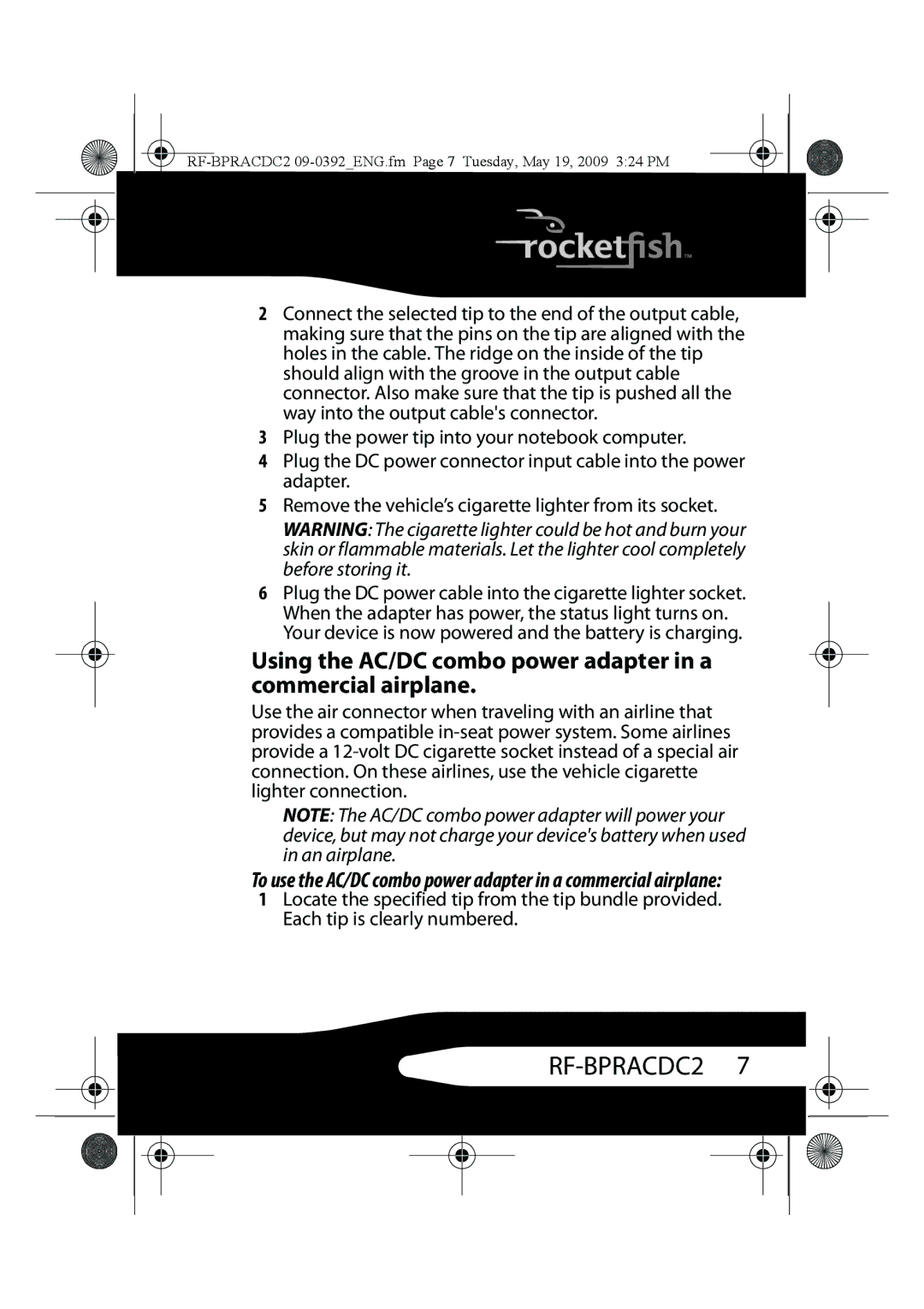 RocketFish RF-BPRACDC2 manual Using the AC/DC combo power adapter in a commercial airplane 