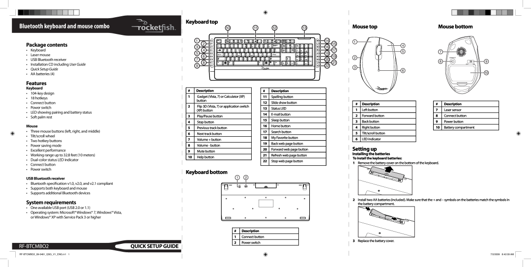 RocketFish RF-BTCMBO2 setup guide Keyboard top, Mouse top, Mouse bottom, Package contents, Features, Setting up 