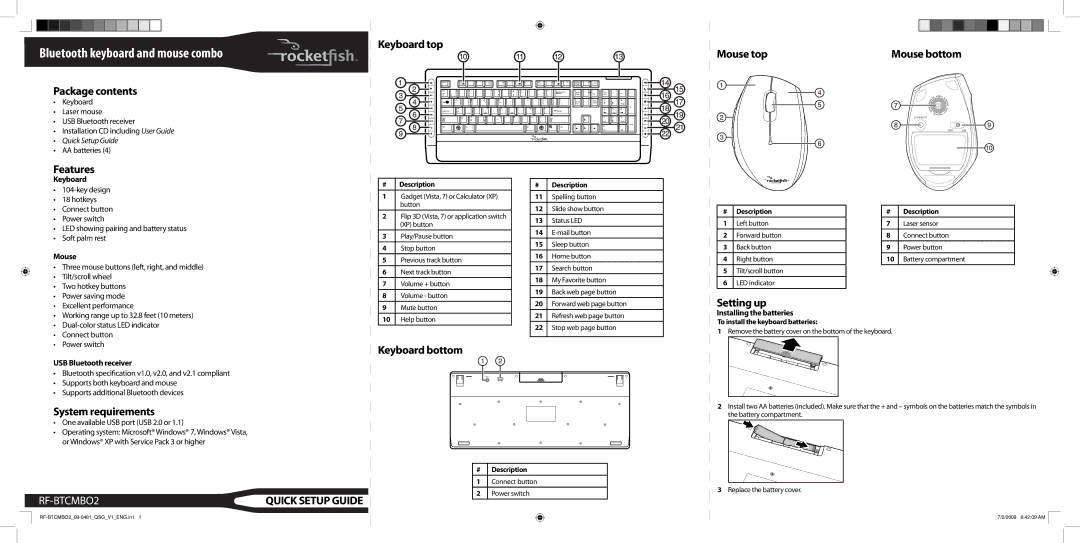 RocketFish RF-BTCMBO2 setup guide Keyboard top, Mouse top Mouse bottom Package contents, Features, Setting up 