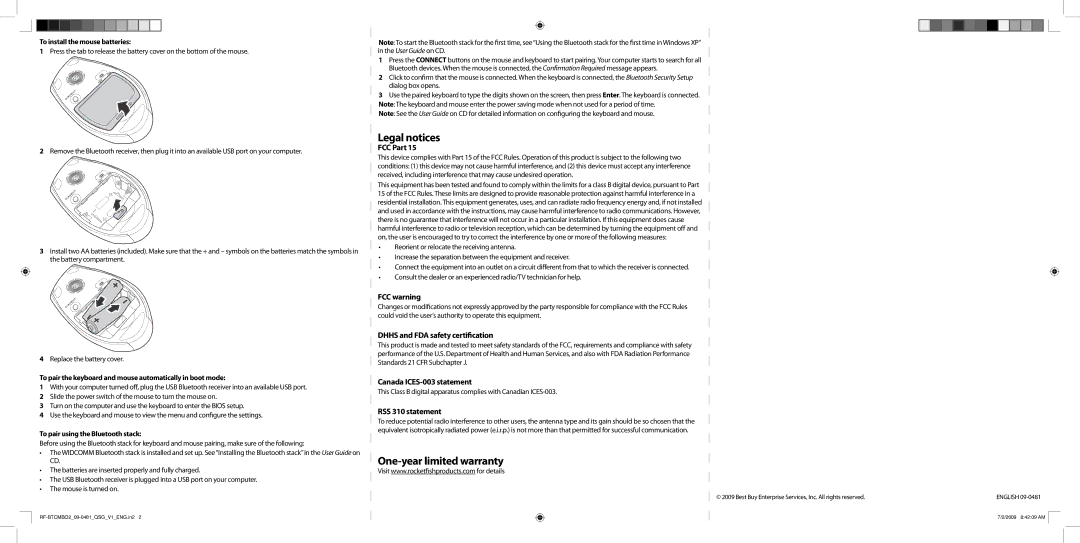 RocketFish RF-BTCMBO2 setup guide Legal notices, One-year limited warranty 