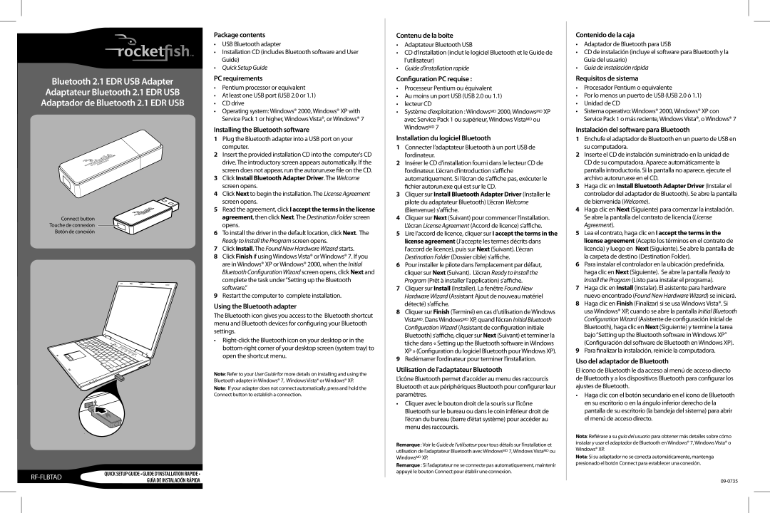 RocketFish RF-FLBTAD setup guide Package contents, PC requirements, Installing the Bluetooth software, Contenu de la boîte 