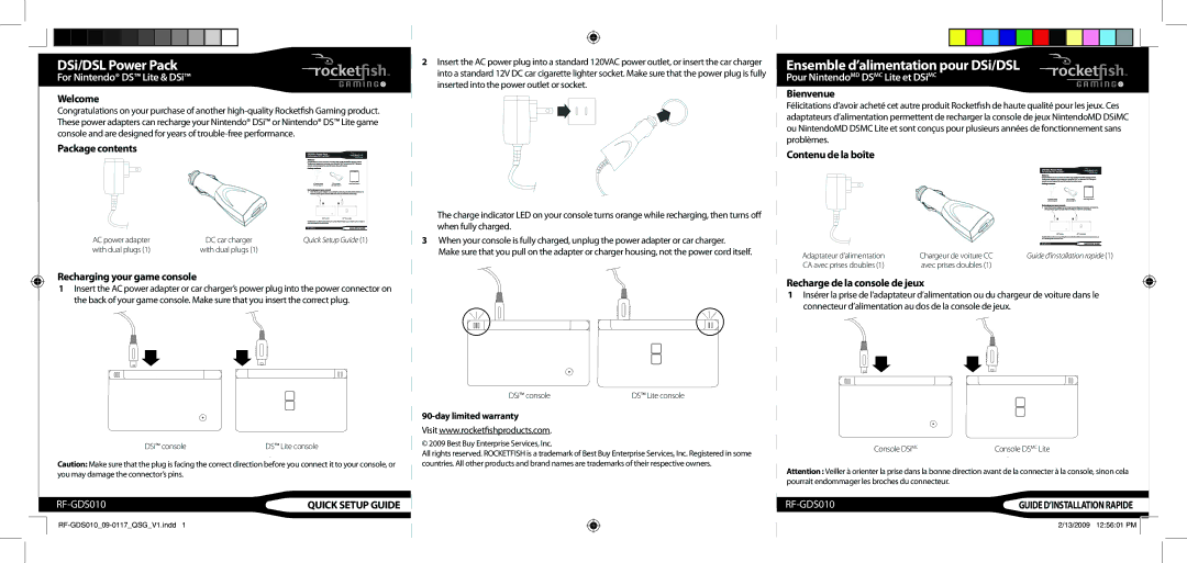 RocketFish RF-GDS010 warranty DSi/DSL Power Pack, Ensemble d’alimentation pour DSi/DSL, For Nintendo DS Lite & DSi 