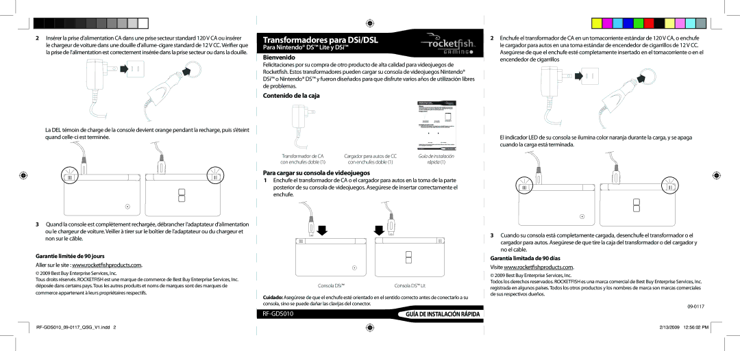 RocketFish RF-GDS010 warranty Transformadores para DSi/DSL, Para Nintendo DS Lite y DSi, Bienvenido, Contenido de la caja 