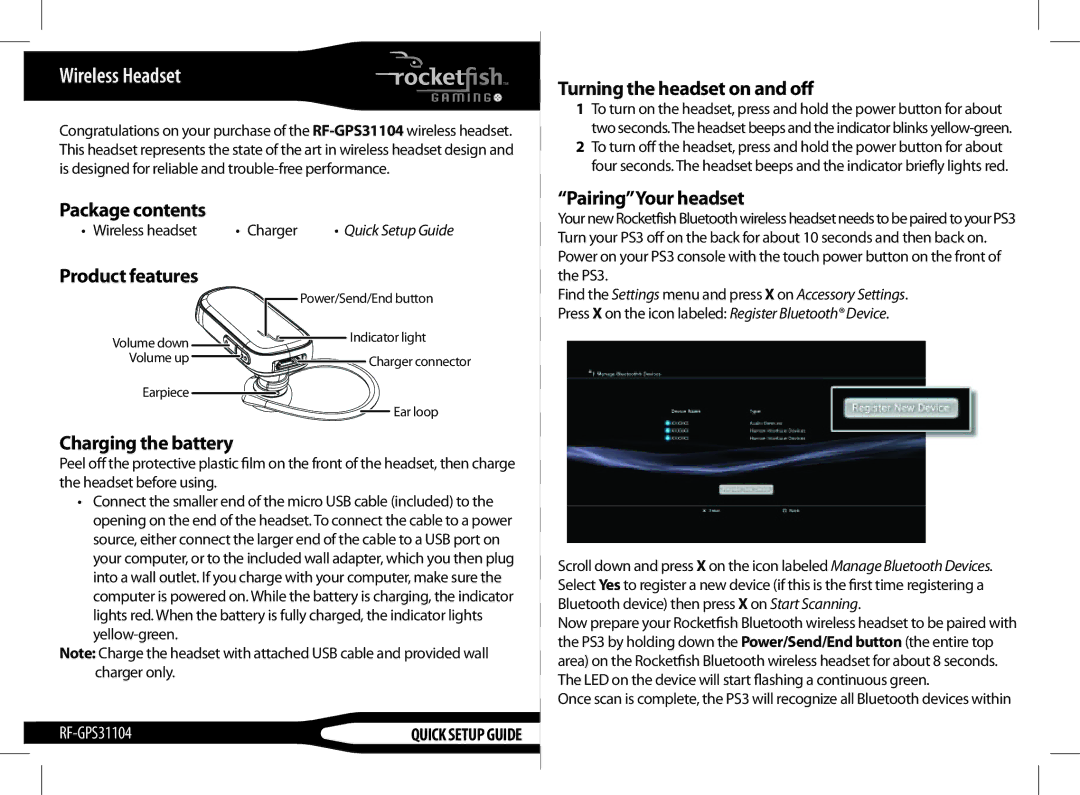 RocketFish RF-GPS31104 setup guide Package contents, Product features Turning the headset on and off, PairingYour headset 