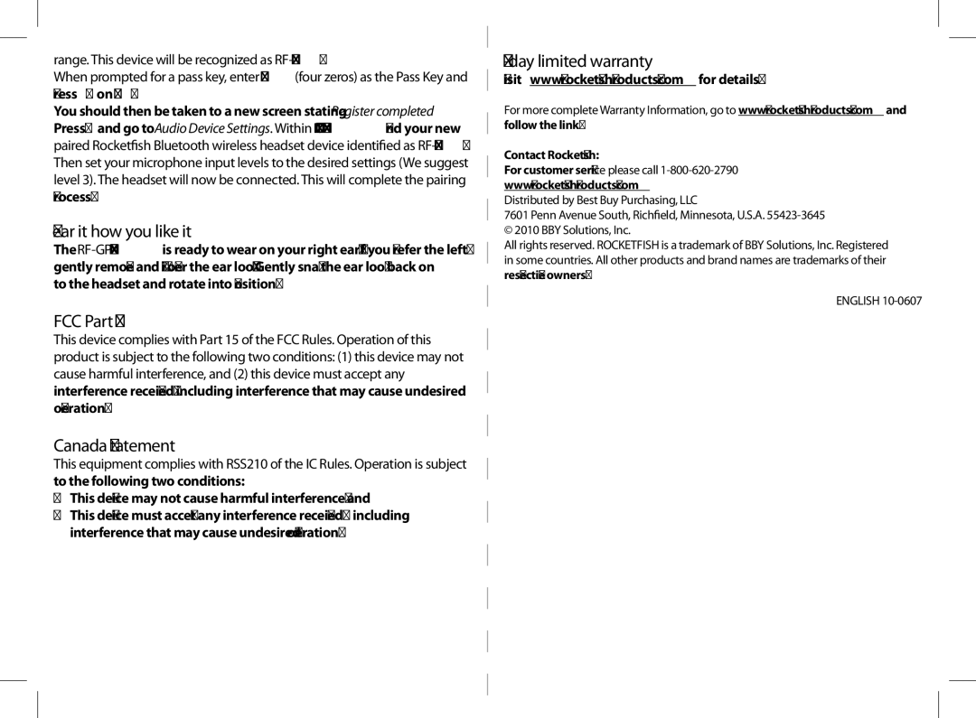 RocketFish RF-GPS31104 setup guide Wear it how you like it, FCC Part, Canada Statement, Day limited warranty 