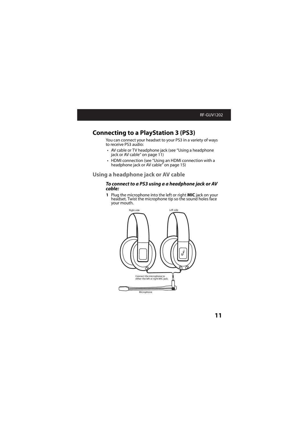 RocketFish RF-GUV1202 manual Connecting to a PlayStation 3 PS3, Using a headphone jack or AV cable 