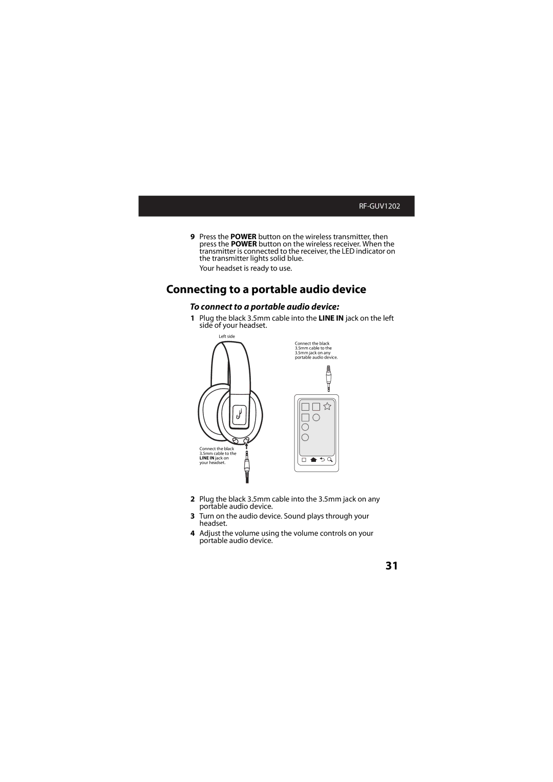 RocketFish RF-GUV1202 manual Connecting to a portable audio device, To connect to a portable audio device 