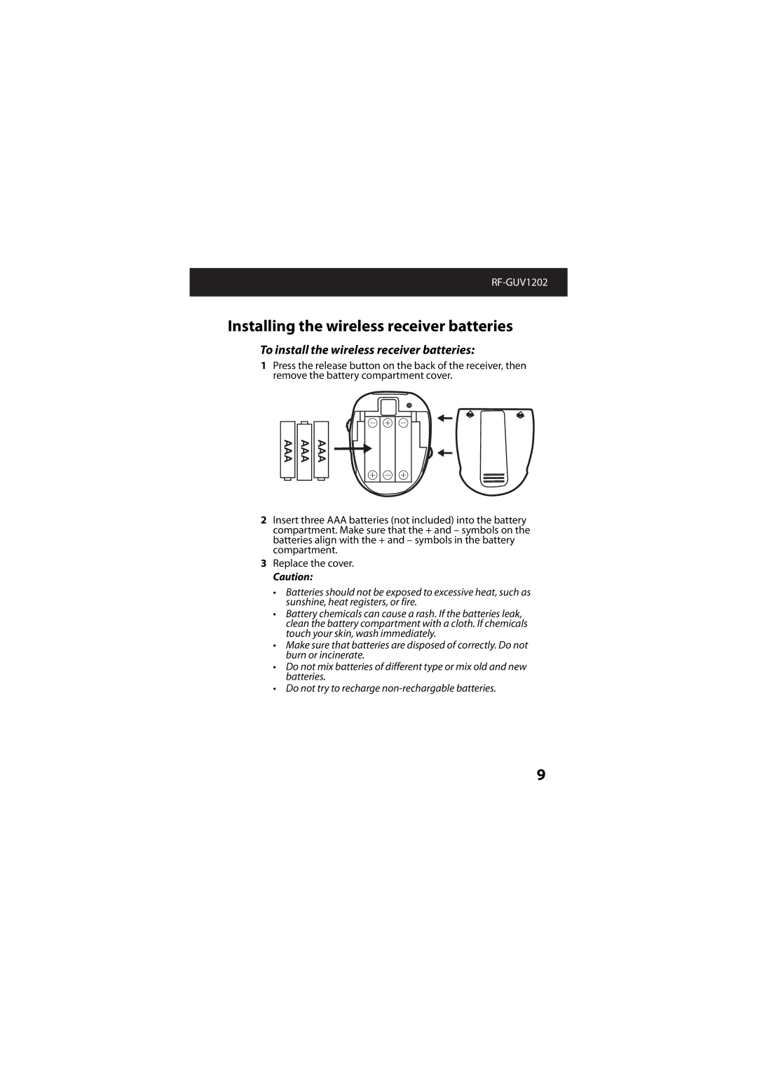 RocketFish RF-GUV1202 manual Installing the wireless receiver batteries, To install the wireless receiver batteries 