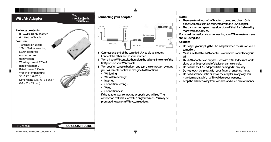 RocketFish RF-GWII008 dimensions Wii LAN Adapter, Package contents, Features, Connecting your adapter, Quick Start Guide 